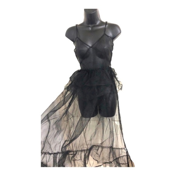 Black sheer mesh‎ chiffon tulle peplum goth tutu v-neck dress size medium new - Picture 3 of 10